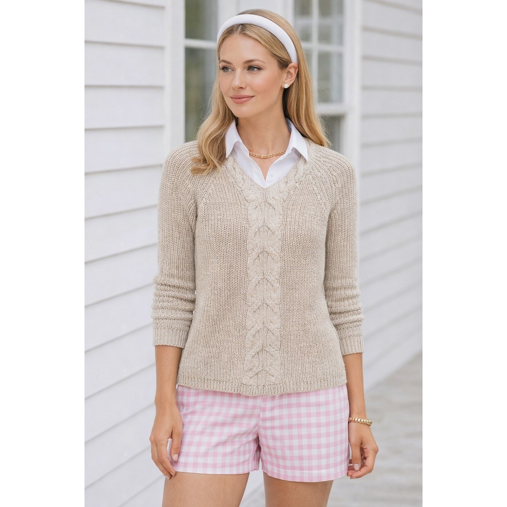 Talbots Cable Knit Sweater Tan 100% Cotton Side Zippers Women’s Size XS EUC